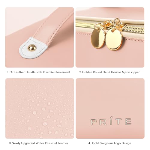 Prite Makeup Bag for Women Travel Waterproof Vegan Leather Cosmetic Bag Open Flat Toiletry Bag With Clear Divider and Handle (Pink, Medium) - color: Pink, size: Medium