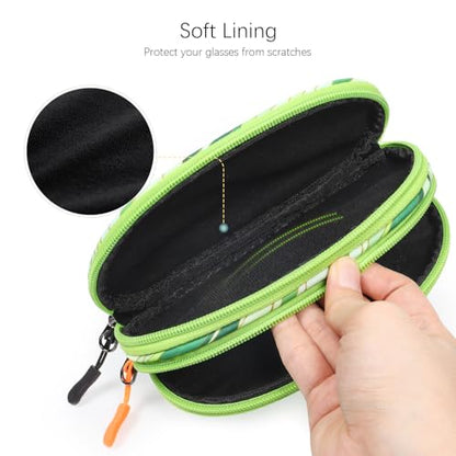 Double Eyeglasses Case Soft Portable Zipper Sunglasses Pouch with Keychain Clip for Men Women - color: Green Wave