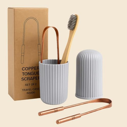 Tongue Scraper Set(2 Pack)–Pure Copper Cleaner Kit with Bamboo Toothbrush with Charcoal Bristles &Travel Case–Daily Oral Hygiene Tool for Men&Women,Reduce Bad Breath,Tongue Scrubber - color: Copper