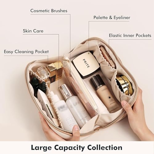 Prite Makeup Bag for Women Travel Waterproof Vegan Leather Cosmetic Bag Open Flat Toiletry Bag With Clear Divider and Handle (Beige, Medium) - color: Beige, size: Medium
