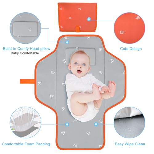 Baby Portable Changing Pad Travel - Waterproof Compact Diaper Changing Mat with Built-in Pillow - Lightweight & Foldable Baby Diaper Changer, Newborn Shower Gifts - color: Orange-Rainbow