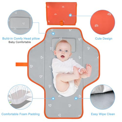 Baby Portable Changing Pad Travel - Waterproof Compact Diaper Changing Mat with Built-in Pillow - Lightweight & Foldable Baby Diaper Changer, Newborn Shower Gifts - color: Orange-Rainbow