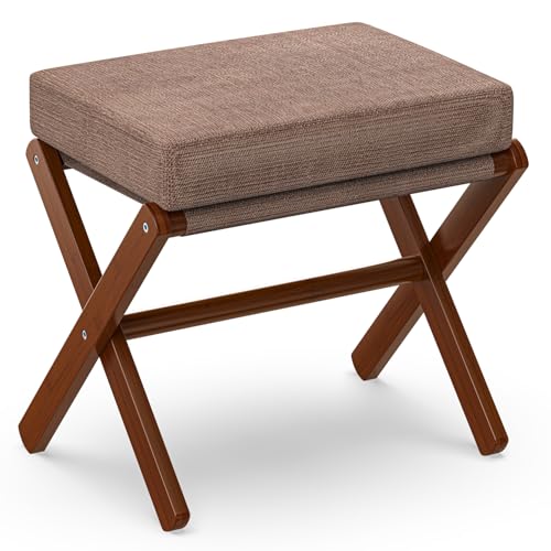 BAMBOOHOMIE Foldable Foot Stool Ottoman, Modern Foot Rest with Bamboo X Legs & Thick Foam Cushion, Folding Foot Stools Small Padded for Bedroom Living Room, Footstool for Chair Couch (Brown - Brown) - color: Brown - Brown