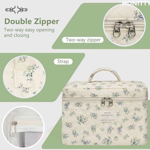 honitty Makeup Bag,Quilted Cosmetic Bags,Large Floral Make Up Organize bag,Makeup Bag Set for Women,Flower Travel Toiletry Bag - color: Blue flower
