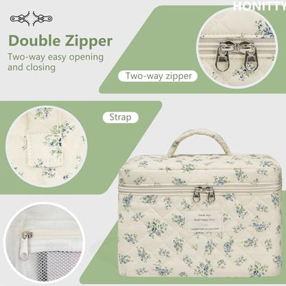 honitty Makeup Bag,Quilted Cosmetic Bags,Large Floral Make Up Organize bag,Makeup Bag Set for Women,Flower Travel Toiletry Bag - color: Blue flower