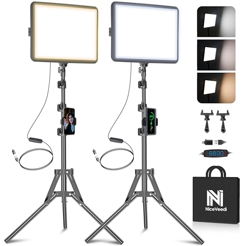 2-Pack LED Video Light Kit, NiceVeedi Studio Light, 2800-6500K Dimmable Photography Lighting Kit with Tripod Stand&Phone Holder, 73" Stream Light for Video Recording, Game Streaming, YouTube - color: 15W-2 Packs(USB-C Adapters)