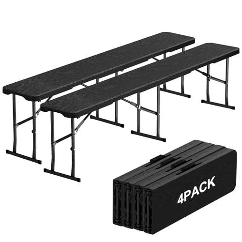 4 Pack 6ft Folding Bench, Plastic Folding Bench for Picnic Camping Dining Party Garden, 6 feet Foldable Benches for Soccer Multipurpose Entertaining Activities, Smooth HDPE Tabletop, Black - color: Black, size: 4 Folding Bench