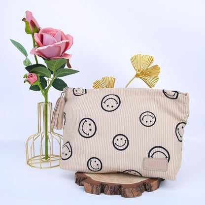 BOYATU Corduroy Travel Makeup Bag: Machine Washable 30+ Times, Fits 4 Bottles & 8 Brushes (22cm), Ultra-Light 120g, Canvas Lined Cosmetic Organizer Pouch, Large Toiletry Purse Gift for Women(01-Khaki)