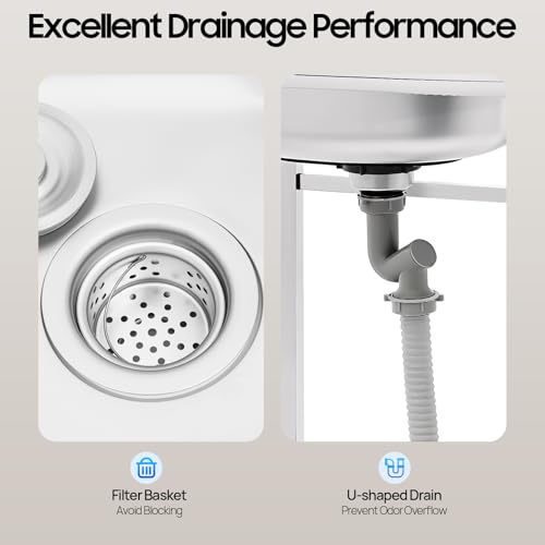 Outdoor Utility Sink,Free Standing Stainless Steel Laundry Tub, Single Bowl Portable Washing Hand Basin Station,with Cleaning Table&Storage Shelves for Garage, Restaurant, Kitchen,Camping, Backyard