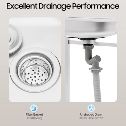 Outdoor Utility Sink,Free Standing Stainless Steel Laundry Tub, Single Bowl Portable Washing Hand Basin Station,with Cleaning Table&Storage Shelves for Garage, Restaurant, Kitchen,Camping, Backyard