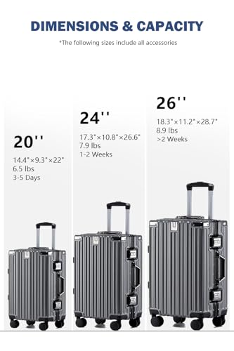HotWay 24 Inch Aluminum Frame Luggage with Spinner Wheels, PC Hard Shell Suitcase with Cup Holder, Zipperless Luggage for Business Travel, Gray - color: Gray (PC+Aluminum), size: Checked in 24inch