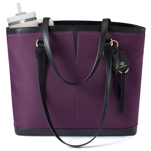 LOVEVOOK Laptop Tote Bag for Women, Lightweight Work Tote with Cup Holder, Waterproof Large Computer Bag for Office Travel - color: Dark Purple, size: 17.3Inch