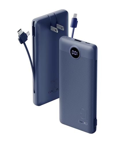 VRURC Portable Charger Built-in Cables and AC Wall Plug, USB C Power Bank 10000mAh, Travel Battery Portable Phone Charger Compact Lightweight External Battery Pack for Smart Phones, Tablets etc-Navy - color: Navy