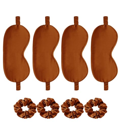 Satin Eye Mask 8Pcs Silk Sleep Masks Silky Blindfold Eyeshade Blackout Eyes Cover Scrunchies Hair Ties Travel Wedding Gifts - color: Maple