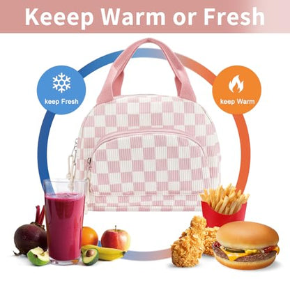 Lunch Bag Women Lunch Box for Women Adult Cute Insulated Lunch Bag Small Cooler Lunch Tote Bags for Work Picnic School (Beige-Pink Plaid) - color: Beige-Pink Plaid