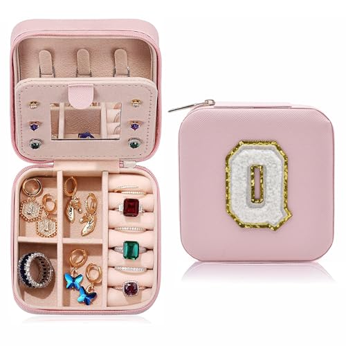 MODENGKONGJIAN Travel Jewelry Case for Women Fashion, Ring Necklace Earring Jewelry Holder Organizer Box, Small Portable Jewellery Storage, Initial Q - color: Pink-Q