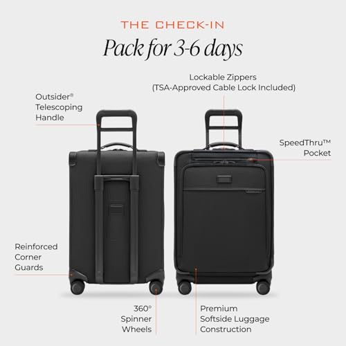 Briggs & Riley 24 Inch Compact Checked Suitcase Luggage with Wheels - Zipperless Compression Expansion System, 360 Spinner, Flat Packing Interior, Accessible Front Pocket - Baseline Collection - Black - color: Black, size: 24" Compact Checked