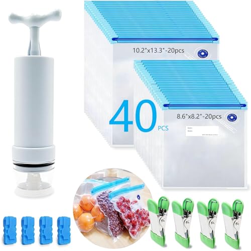 MOMODA Sous Vide Cooking Bags - Set of 40 | BPA-Free Reusable Vacuum Seal Bags with Air Valve for Joule and Anova Cookers | Freezer Safe Vacuum Food Storage Bags with Upgraded Hand Pump Included - color: Manual Pump-Grey