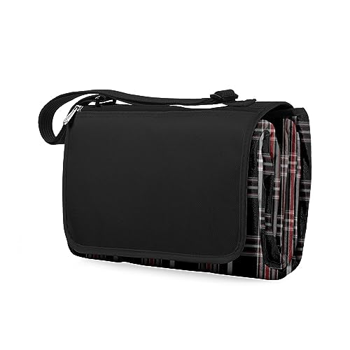 PICNIC TIME Outdoor Picnic Blanket Tote, 59"x51" Foldable Beach & Camping Blanket with Soft Fleece, Water-Resistant Bottom, Adjustable Strap & Zippered Pocket (Black Tartan, Black Flap) - color: Black Tartan