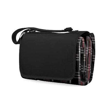 PICNIC TIME Outdoor Picnic Blanket Tote, 59"x51" Foldable Beach & Camping Blanket with Soft Fleece, Water-Resistant Bottom, Adjustable Strap & Zippered Pocket (Black Tartan, Black Flap) - color: Black Tartan