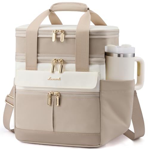 LOVEVOOK Insulated Lunch Bag Women Men,Expandable Double Deck Lunch Box for Women With Large Cup Holder,Leakproof Cooler Bag For Adult Lunch Tote Bag Work Picnic Beach with Adjustable Shoulder Strap - color: Off White with Khaki, size: Large-15L
