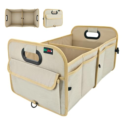PAT SAM'S Trunk Organizer for SUV, Collapsible Car Trunk Organizer with Dividers, Waterproof 600D Oxford, Non-Slip Storage Organizer for Groceries, Tools, Travel, Truck & Car (Beige) - color: Beige