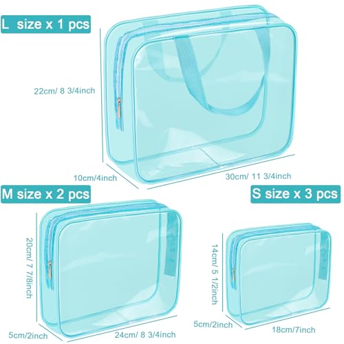 APREUTY Clear Makeup Bags, TSA Approved 6 Pcs Cosmetic Makeup Bags Set Clear PVC with Zipper Handle Portable Travel Luggage Pouch Airport Airline Vacation Organization(Light Blue) - color: Light Blue-6PCS (Large+Medium+Small)