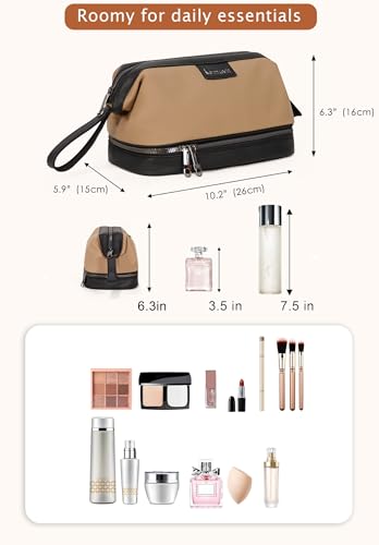 Double-Layer Toiletry Bag, Water-Resistant Hybrid Leather Cosmetic Organizer with Wet/Dry Compartments, 26x15x16cm (Khaki, Double layer) - color: Khaki