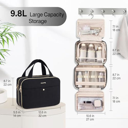 Hanke Hanging Travel Toiletry Bag for Women with Jewelry Organizer Compartment, Travel Essentials Toiletries and Makeup Bag, Water-Resistant & Stain-Resistant with Trolley Strap (Black) - color: Black