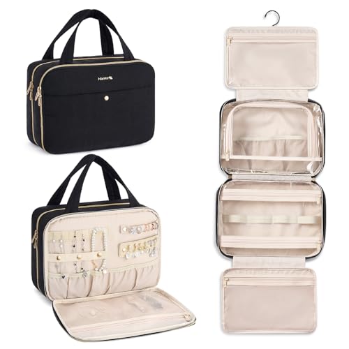 Hanke Hanging Travel Toiletry Bag for Women with Jewelry Organizer Compartment, Travel Essentials Toiletries and Makeup Bag, Water-Resistant & Stain-Resistant with Trolley Strap (Black) - color: Black