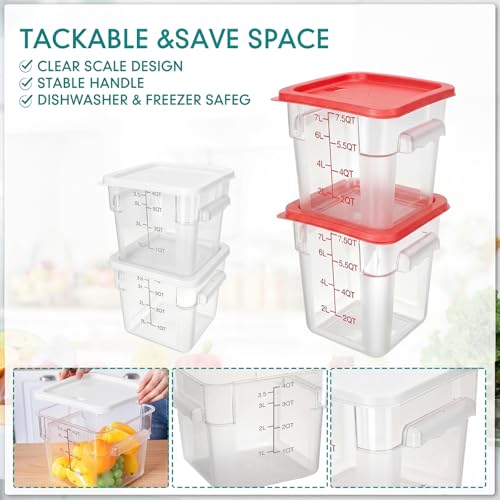 Lallisa 4 Pcs 8qt & 4qt Clear Food Storage Containers with Lids Handles and Scales, Stackable Plastic Square Food Storage Containers for Dough Proofing Baking Kitchen Restaurant(White, Red) - color: White, Red