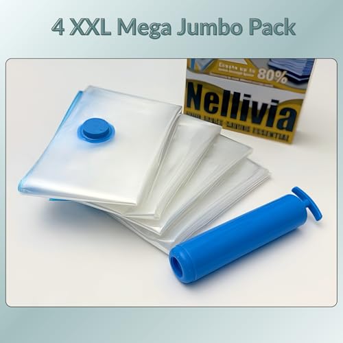 4 Mega Jumbo XXL Vacuum Storage Bags with Pump, Supersized Compression Space Saver for Comforter, duvet, Bedding, Blanket storage, Vacuum Seal Bags for Clothing, Durable Safe Poly Material - size: 4 Mega Jumbo XXL