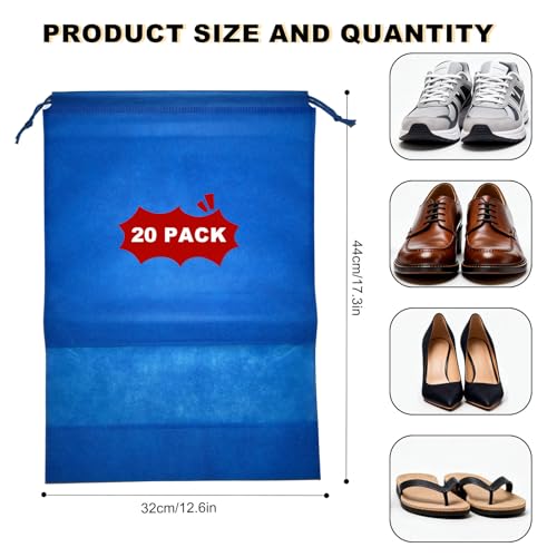 20 Pack Shoe Bags for Travel, 17" x 12.6" Drawstring Shoe Organizers with Clear Window, Breathable Non-Woven Dustproof Pouches for Luggage & Closet (Blue) - color: Blue