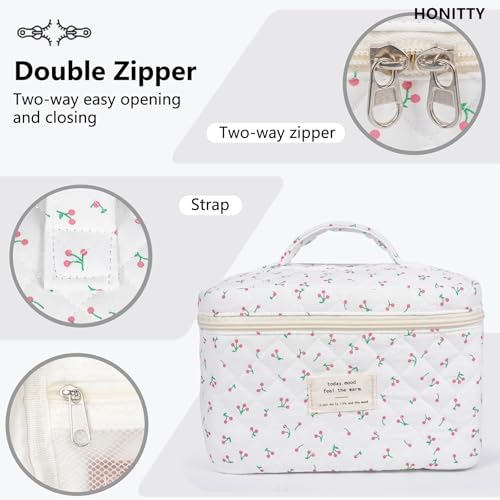 Makeup Bag,Quilted Cosmetic Bag,Large Floral Make Up Bag for Women,Cotton Makeup Bag Set,Flower Travel Toiletry Bag - color: Cherry
