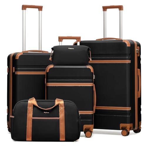 LONG VACATION Luggage Sets 5 Piece, Suitcases With Wheels, PC+ABS Hardshell Luggage Set with Spinner Wheels, TSA Lock (Black Brown) - color: Black Brown, size: 5 Piece Set (20, 24, 28 Inch)