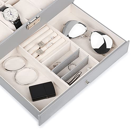 Watch Box 12 Slots, PU Leather Jewelry Box with Acrylic Top, Gray Display Case Organizer for Men and Women
