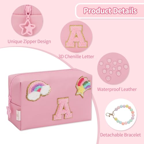 Initial Makeup Bag for Girls, Cute Makeup Bag Small Cosmetic Bag Travel Make Up Organizer Pouch, Birthday Gifts for Girls 4 5 6 7 8 9 10 11 12 13 14 15 Years Old, Teen Girls Gifts Trendy Stuff - color: Pink + Bracelet, style: B