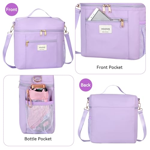 Voova Lunch Bag for Women, Insulated Lunch Box with Shoulder Strap, Adult Reusable Lightweight Nylon Waterproof Lunchbox Lunch bags for Work, Purple - color: Purple