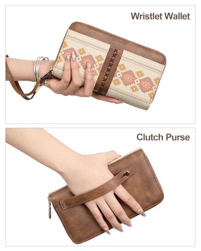 BOSTANTEN Wallets for Women Leather RFID Double Zipper Around Credit Card Holder Large Capacity Wristlet Clutch Wallet - color: Apricot＆brown Floral