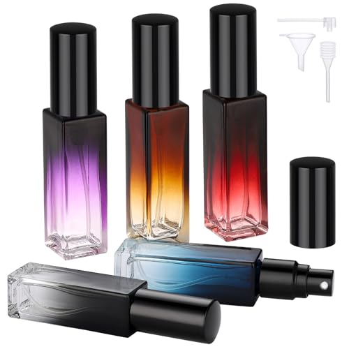 Segbeauty 0.34oz Perfume Atomizer for Travel, 5pcs Glass Refillable Perfume Spray Bottle, 10ml Mini Travel Size Cologne Sprayer Portable, Small Cologne Bottles with Clear Transfer Tool Set - color: Amber Blue Red Purple Black, style: Mini Bottles