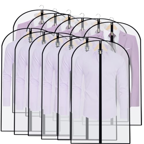 Suit Bags for Closet Storage Garment Bag (24'' x 40'' Set of 12) Clear Garment Bags for Hanging Clothes Plastic Waterproof Suit Cover Bag with Zipper for Coats, Jackets, Shirts Closet - color: Black-Translucent, size: 24''X40''-12P