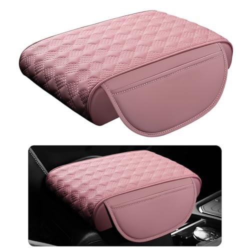 Car Armrest Cushion, 12.2"×8.3" Leather Auto Memory Foam Center Console Pad with Storage Pocket, Waterproof & Anti-Scratch Elbow Pillow Armrest Seat Box Protector, Universal Fit (Pink) - color: Pink
