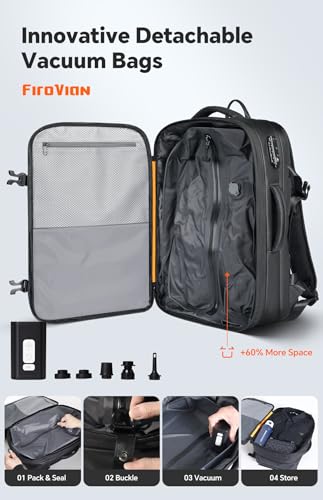 Vacuum Backpack Travel, 70L Expandable Carry On Backpack With Compression System, 2 Detachable TPU Vacuum Bags, TSA Lock, Water-Resistant, Fits 16" Laptop for Business & Travel