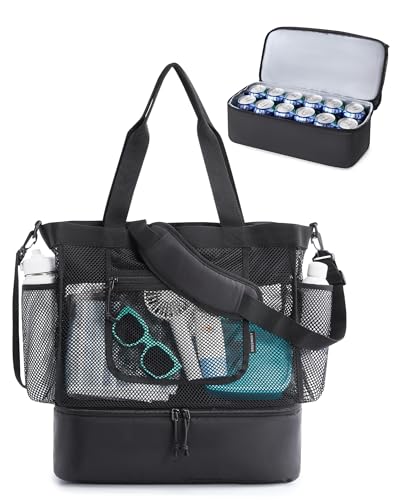 BAGSMART Beach Bag for Women, Mesh Tote Bags with Zipper, Sandproof Vacation Essentials with Cooler for Swim Cruise Pool - color: Black