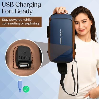 Unisex Anti-Theft Sling Bag with USB Port, Water-Resistant Crossbody Chest Backpack for Travel & Work - color: Blue & Golden