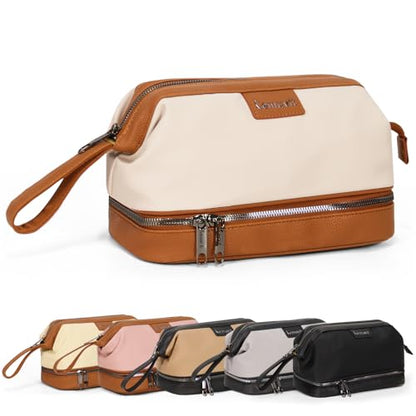 Double-Layer Toiletry Bag, Water-Resistant Hybrid Leather Cosmetic Organizer with Wet/Dry Compartments, 26x15x16cm (Ivory, Double layer) - color: Ivory