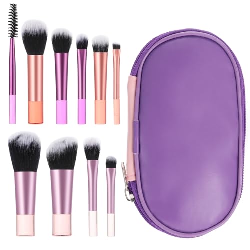 10 Pcs Mini Travel Makeup Brushes Set with Pouch, Short Handle Makeup Brushes for Women Girls Portable Full Complete Function Cosmetic Kit Brush Blush Powder Eye Shadow - color: Purple
