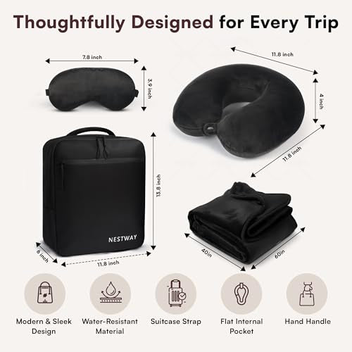 5-in-1 Travel Pillow and Blanket Set – Memory Foam Neck Pillow, Airplane Travel Essentials with Plush Blanket, Eye Mask, Earplugs & Waterproof Bag