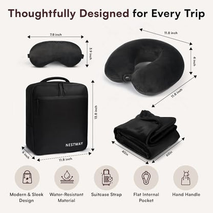 5-in-1 Travel Pillow and Blanket Set – Memory Foam Neck Pillow, Airplane Travel Essentials with Plush Blanket, Eye Mask, Earplugs & Waterproof Bag