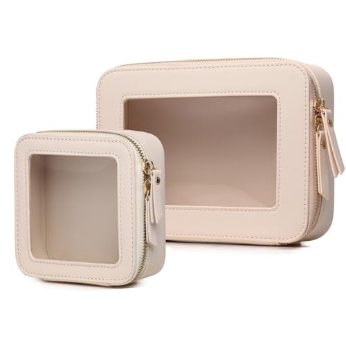 Clear Makeup Bag Set Portable Travel Cosmetic Bag and Toiletry Bag Women's Purse Pouch Cosmetic Stroage Organizer Bag with Zipper Car Essentials (Beige, M+Mini) - color: Beige, size: M+Mini